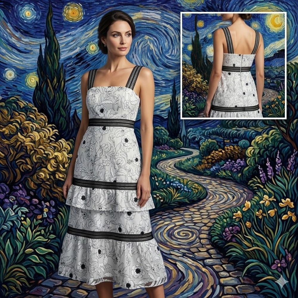 Aidan Mattox Women Floral Embroidered Tiered Midi Dress White Black MN1E202569 0
